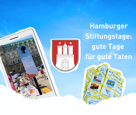 Schrift "Hamburger Stiftungstage: gute Tage für gute Taten" neben Hamburger Wappen, Smartphone mit Türanhänger "Bitte nicht stören! Ich bin inklusiv" und Karten mit Symbolen