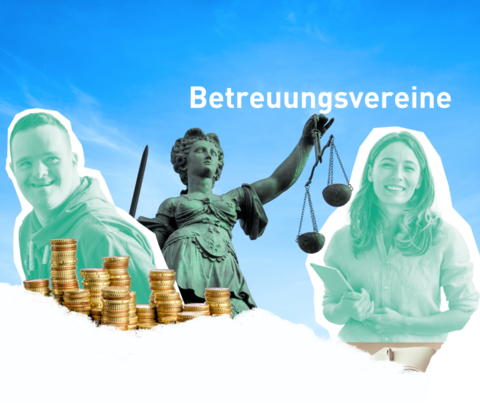 Zwei Personen, zwischen ihnen eine Statur der Justitia, Text "Betreuungsvereine"