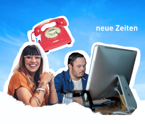 Zwei Personen sitzen vor einem Computer, Text "neue Zeiten"