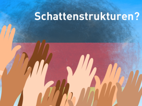 Mehrere Hände unterschiedlicher Hautfarben heben sich vor einem Himmel mit Wolken, darüber der Text "Schattenstrukturen?"